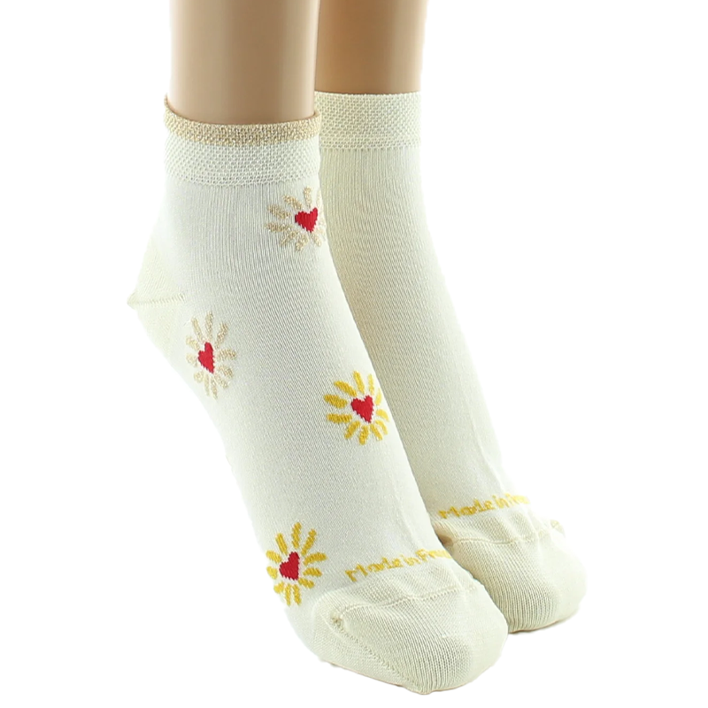 Socquettes Femme Ecru fleur et Ecru uni lot de 2 paires