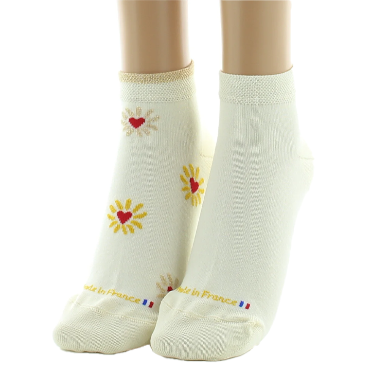 Socquettes Femme Ecru fleur et Ecru uni lot de 2 paires